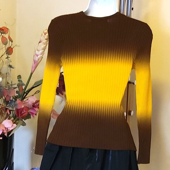 NWT Women’s Brown Yellow Dip-dyed Lightweight V Neck Long Sleeve  Sweater - Picture 7 of 7